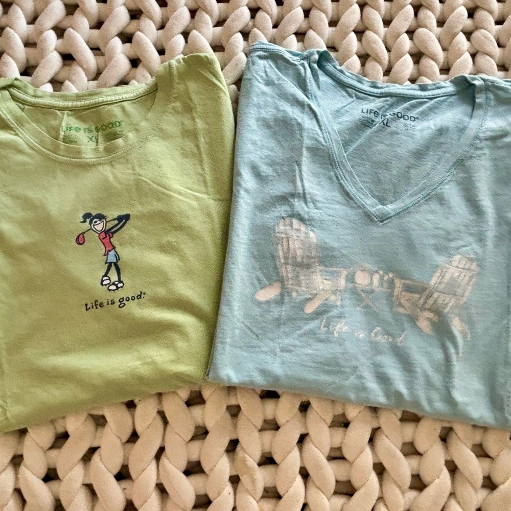 Life Is Good Green and Blue Graphic Tees